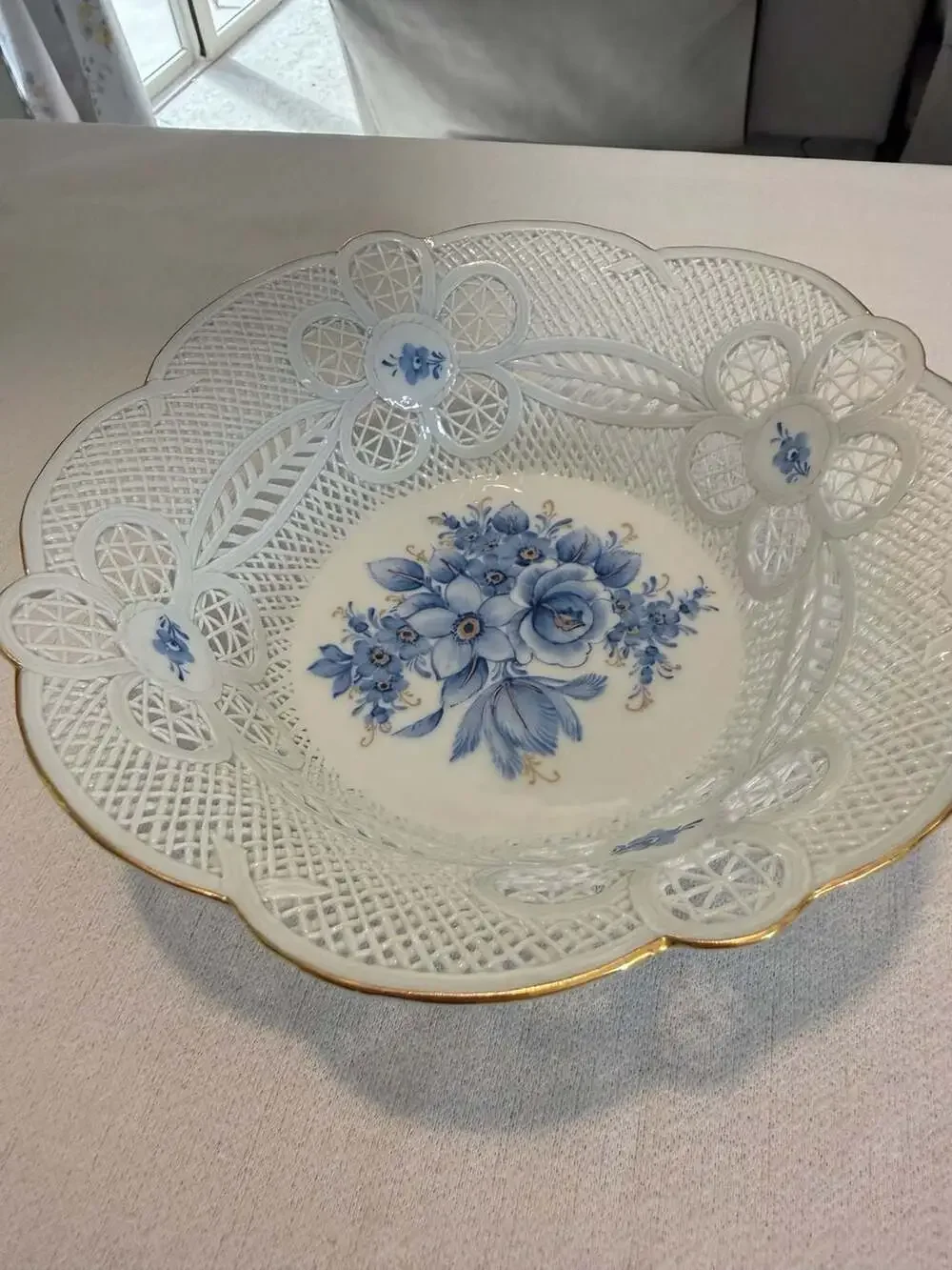 Moga Romania Hand Painted Reticulated Porcelain Floral Bowl